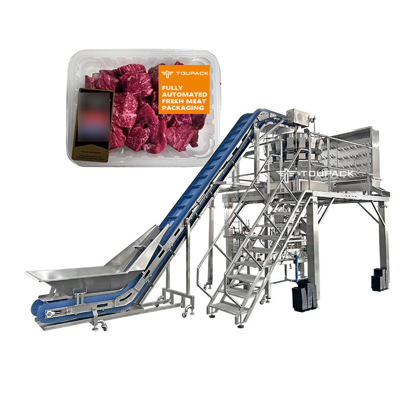 خط بسته بندی اتوماتیک سالاد و میوه با دستگاه آب بندی سینی توزین چند سر برای وعده های غذایی آماده