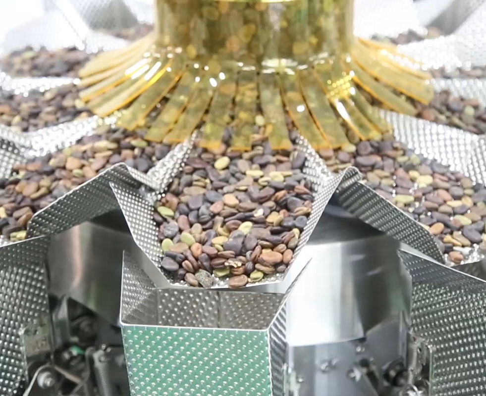14 دستگاه بسته بندی دستگاه Mutihead Weigher VFFS کاسه آسانسور برای میوه های منجمد لوبیا شکلاتی