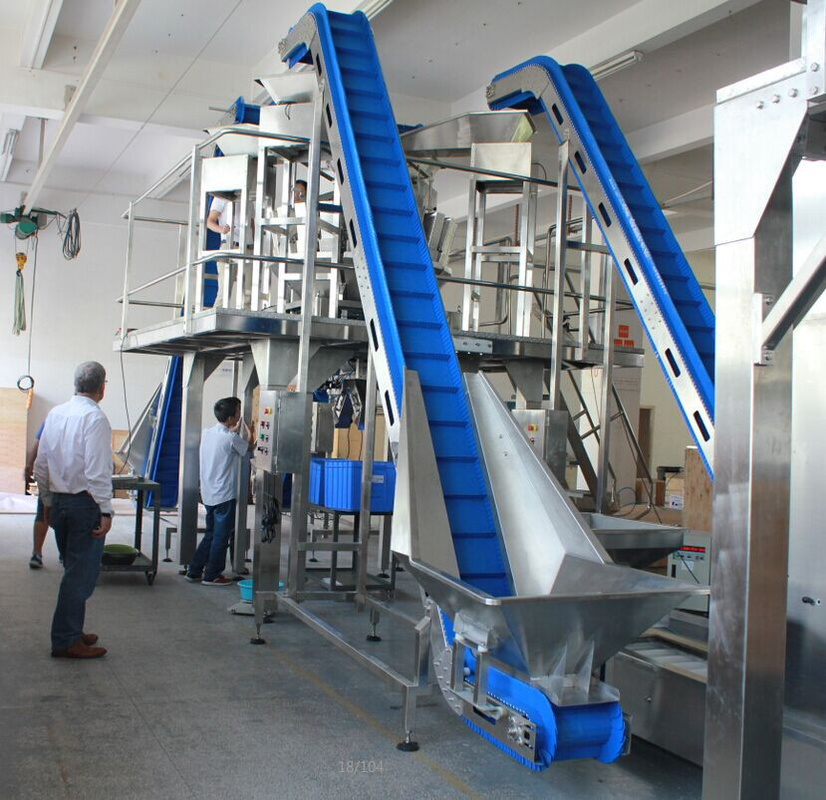 1.1 کیلووات شیبدار نوار نقاله S ​​شکل آسانسور فولادی ضد زنگ 200 لیتری قیف متصل